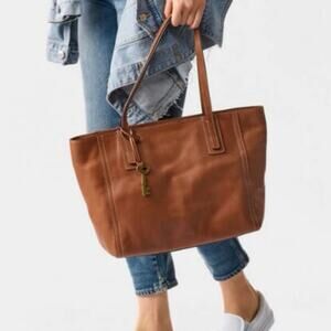 Fossil Emma Leather Tote Handbag Caramel Brown Large Capacity Laptop Zip Top